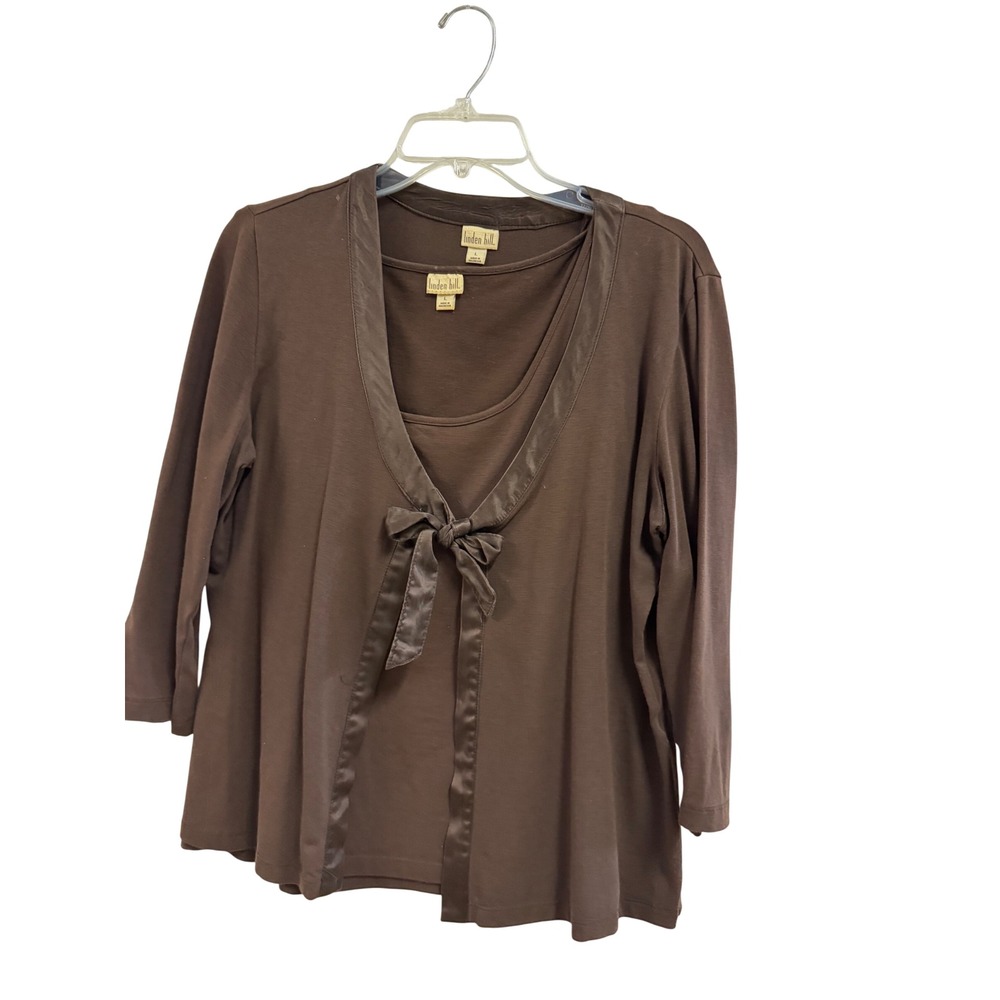 Linden Hill Brown 2 Piece Twin Set Cardigan and Tank Top Satin Trim Bow Large